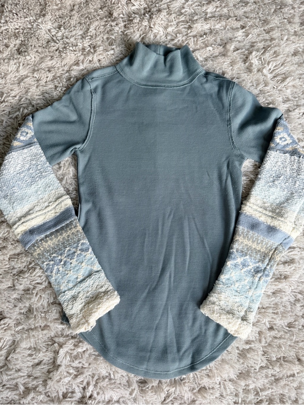Free People We The Free Waffle Knit Funnel/Turtleneck Neck Top Blue Gray Small